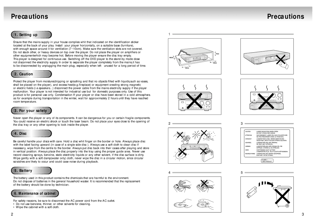 Samsung DVD-M105/XET manual Precautions, Setting up, For your safety, Disc, Battery 