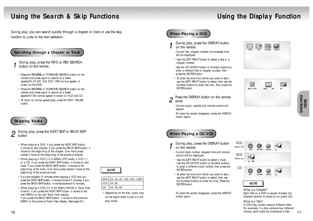 Samsung DVD-M105/XET Using the Search & Skip Functions, Using the Display Function, Skipping Tracks, When Playing a CD/VCD 