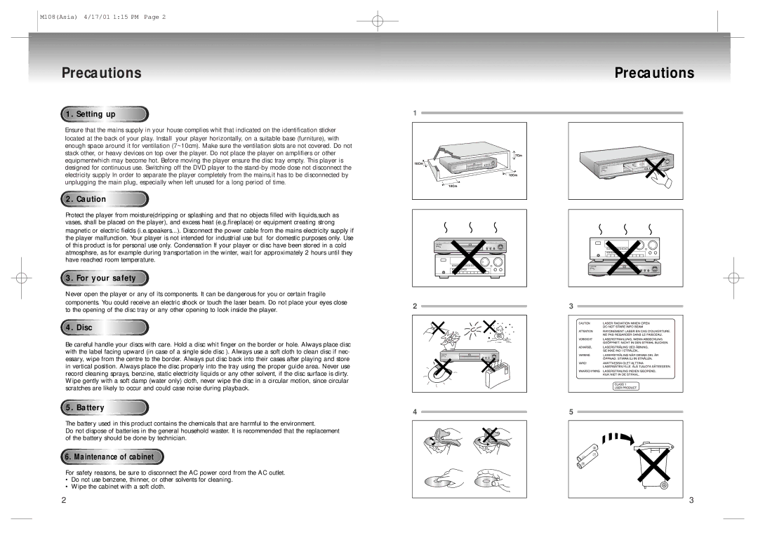 Samsung DVD-M108/XSV manual Precautions, Setting up, For your safety, Disc, Battery 