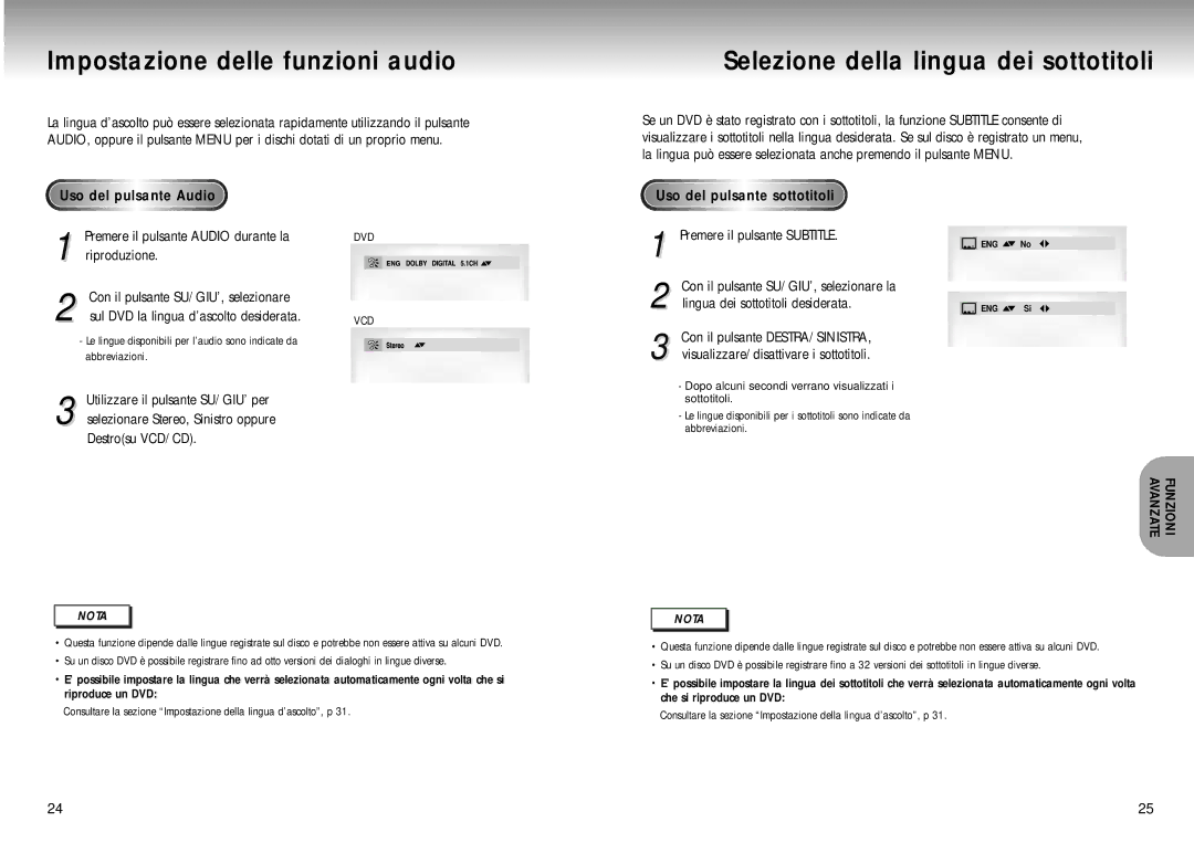 Samsung DVD-M204/XET manual Uso del pulsante Audio Uso del pulsante sottotitoli, Funzioni Avanzate 