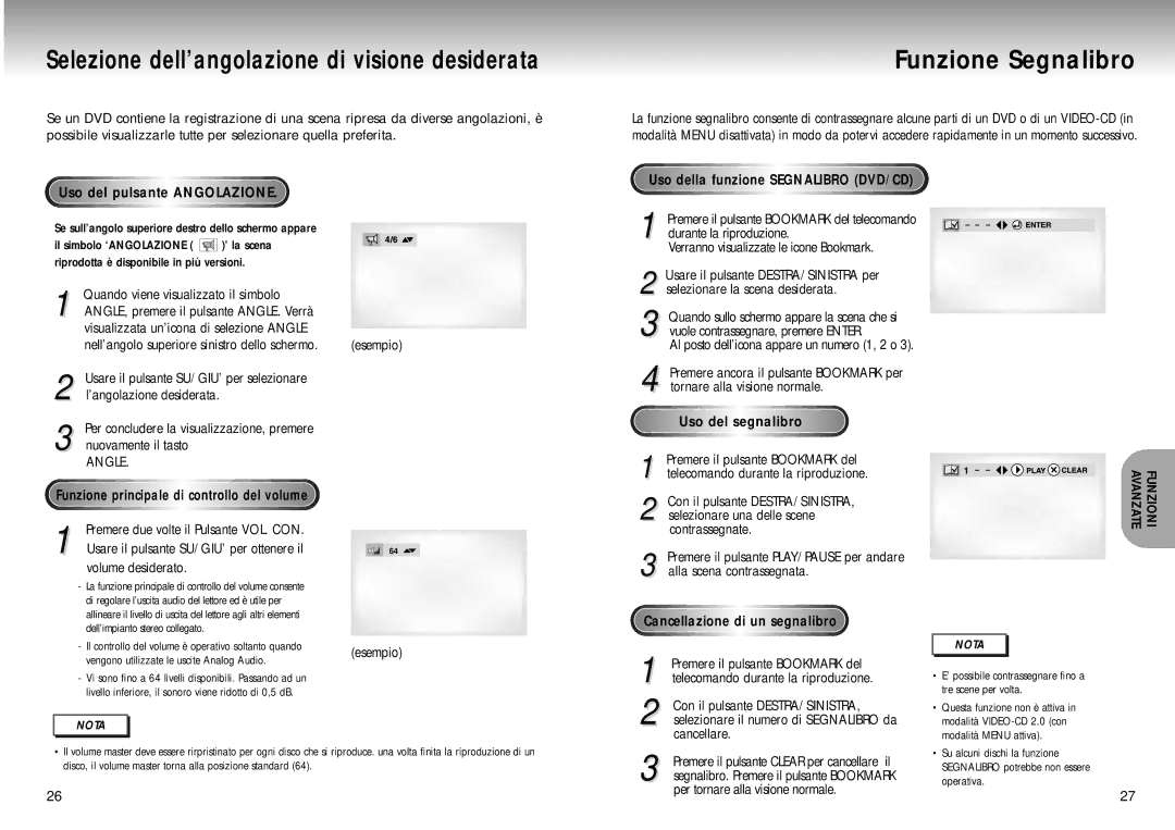 Samsung DVD-M204/XET manual Funzione Segnalibro, Uso del pulsante Angolazione, Angle, Uso del segnalibro 