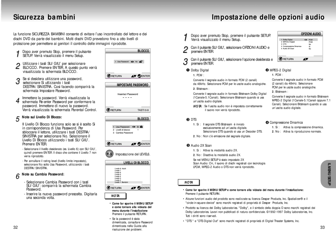 Samsung DVD-M204/XET manual Sicurezza bambini, Impostazione delle opzioni audio 