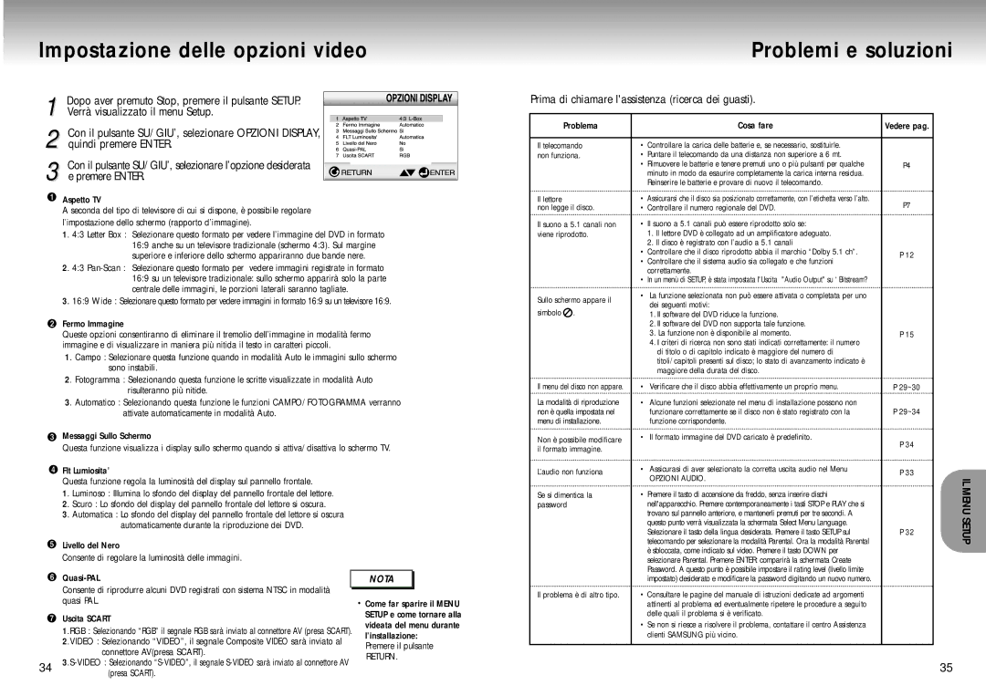 Samsung DVD-M204/XET manual Impostazione delle opzioni video, Problemi e soluzioni 