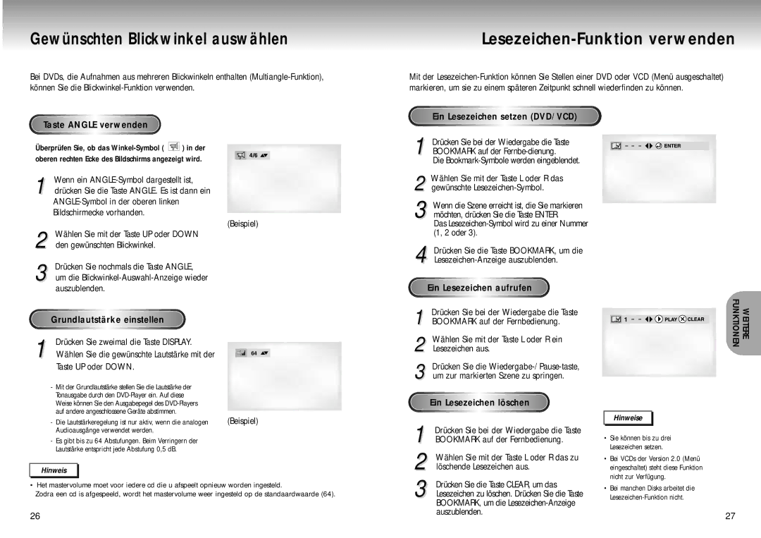 Samsung DVD-M205/XEG manual Taste Angle verwenden, Grundlautstärke einstellen, Drücken Sie zweimal die Taste Display 