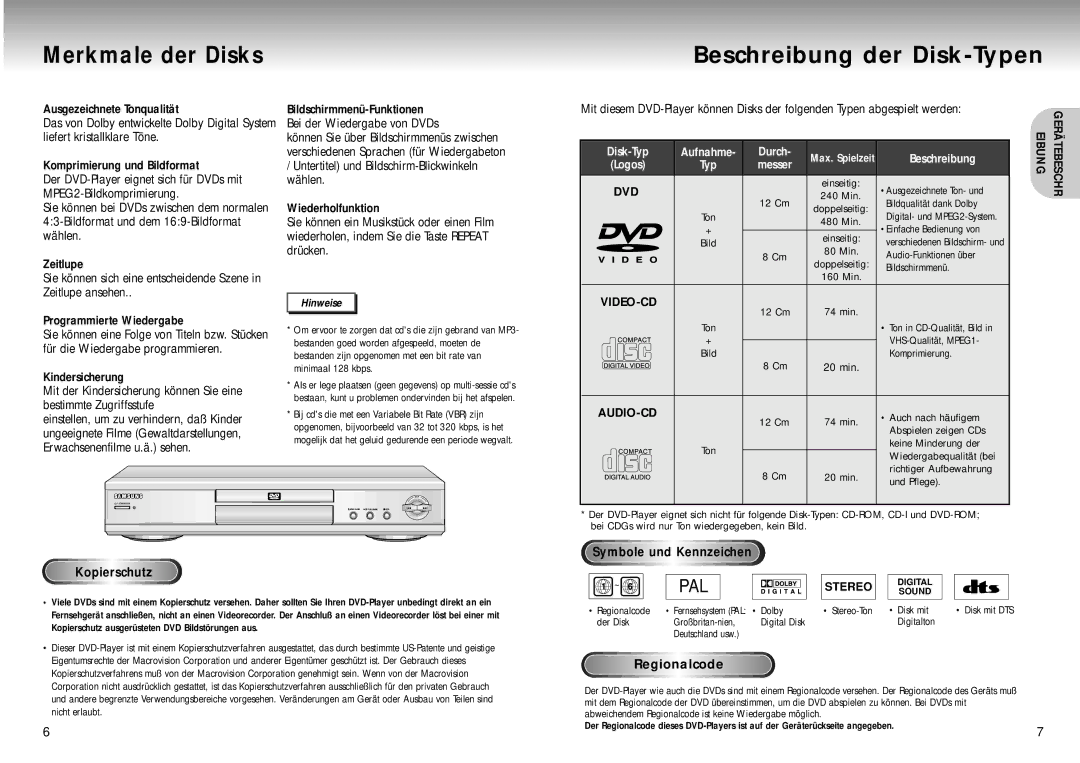 Samsung DVD-M205/XEG manual Merkmale der Disks, Video-Cd, Symbole und Kennzeichen Kopierschutz 