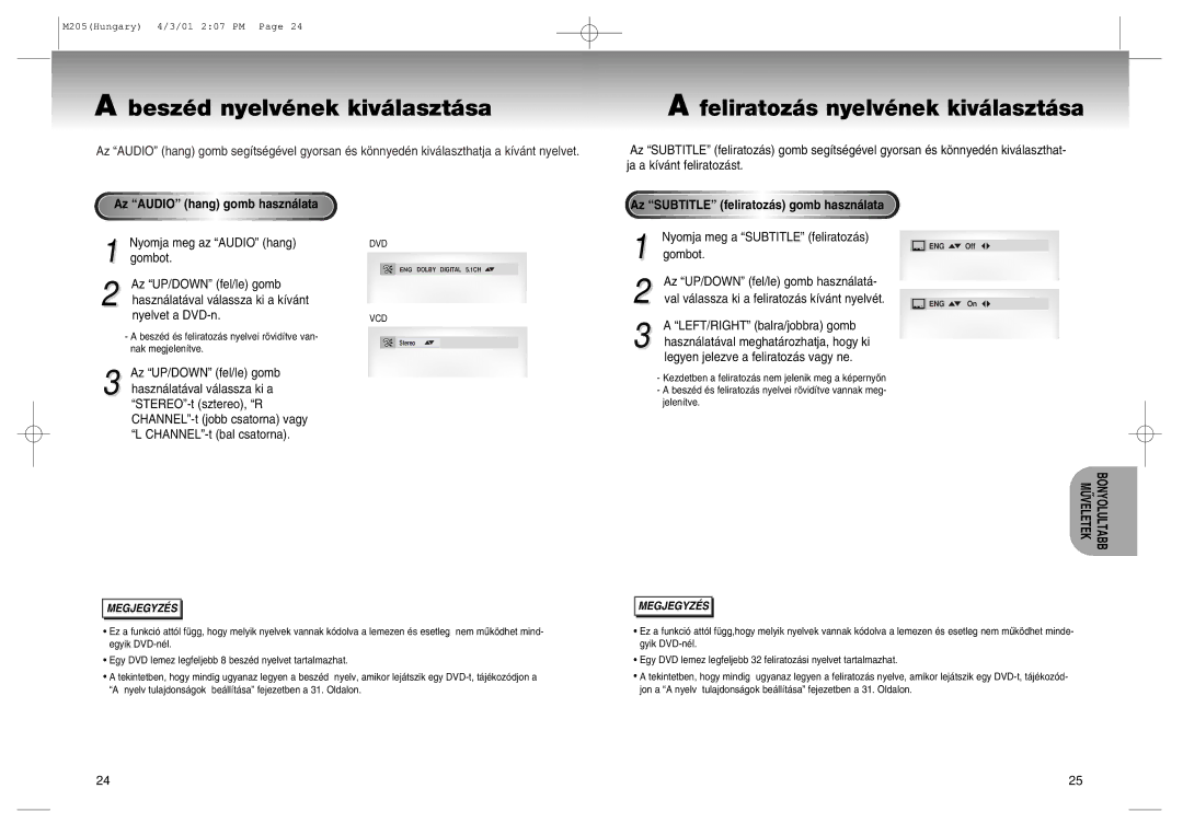 Samsung DVD-M205/XEH manual BeszŽd nyelvŽnek kiv‡laszt‡sa, Az Òaudioó hang gomb haszn‡lata 