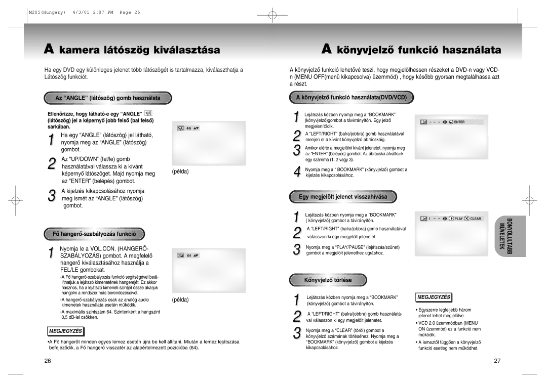 Samsung DVD-M205/XEH manual Kamera l‡t-szšg kiv‡laszt‡sa, KšnyvjelzÎ funkci- haszn‡lata, Az Òangleó l‡t-szšggomb haszn‡lata 