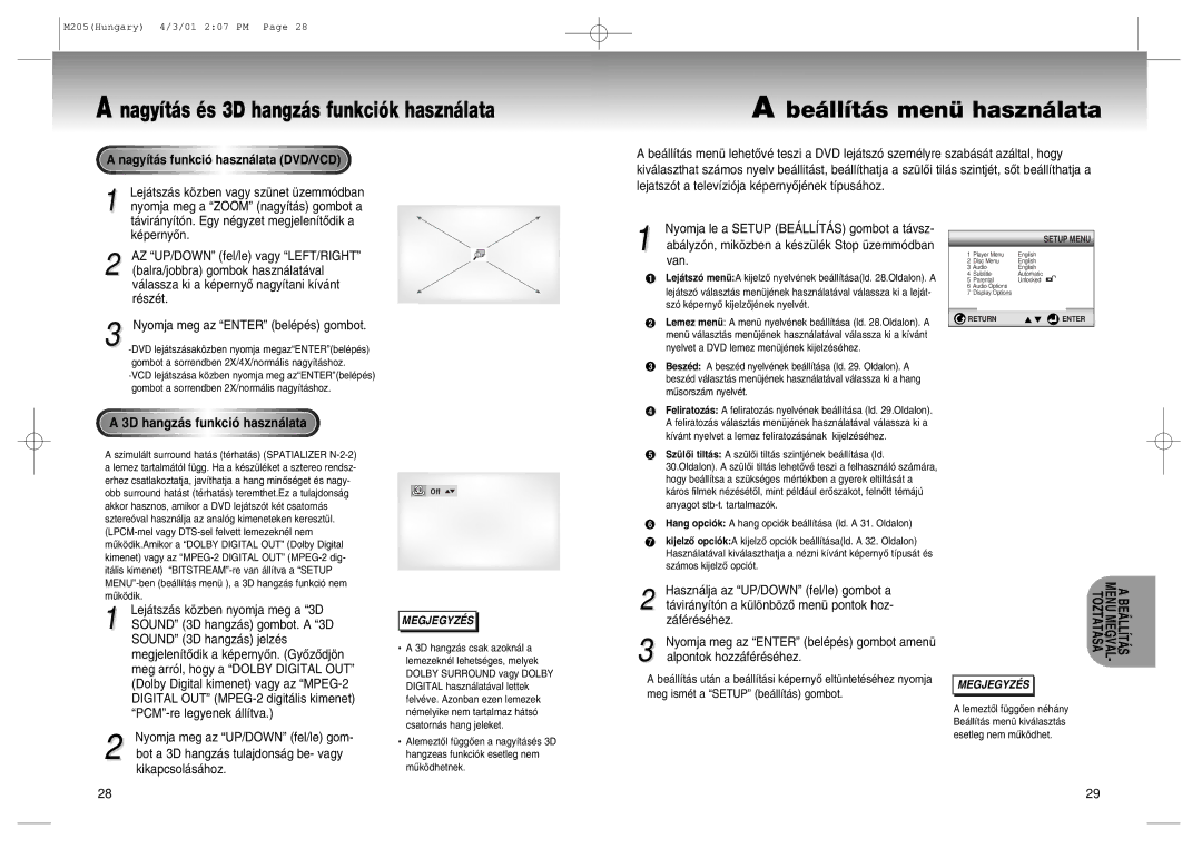 Samsung DVD-M205/XEH manual Be‡ll’t‡s menŸ haszn‡lata, Nagy’t‡s funkci- haszn‡lata DVD/VCD, 3D hangz‡s funkci- haszn‡lata 