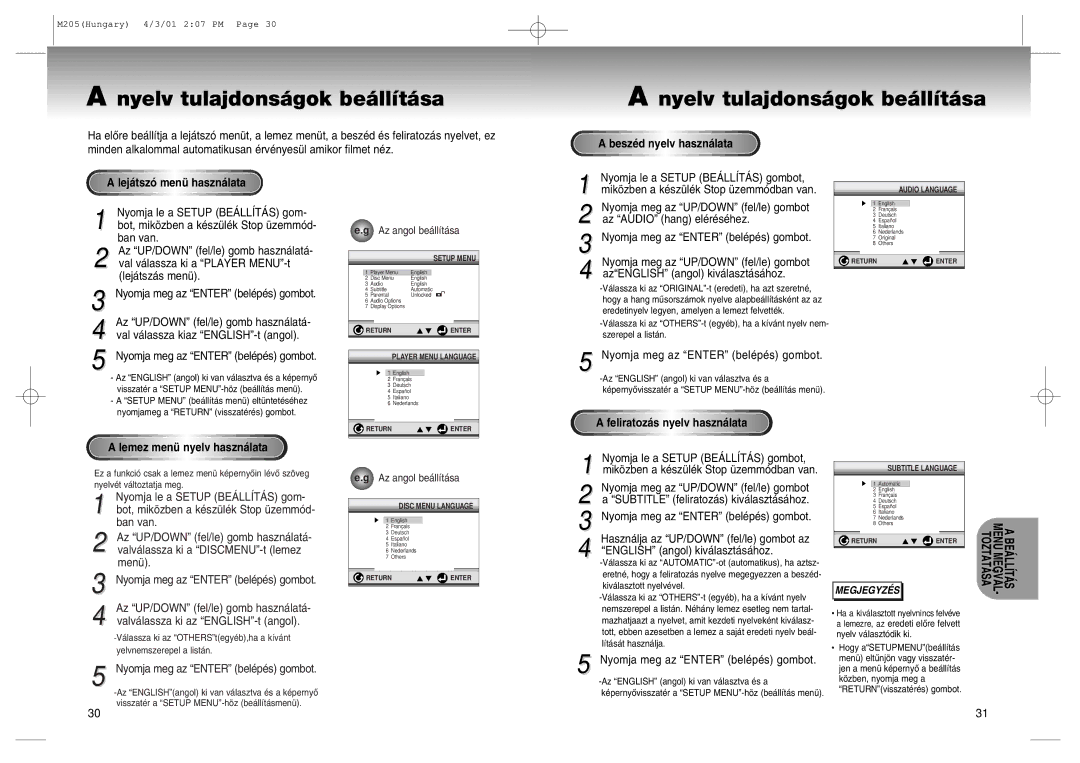 Samsung DVD-M205/XEH manual Nyelv tulajdons‡gok be‡ll’t‡sa, BeszŽd nyelv haszn‡lata Lej‡tsz- menŸ haszn‡lata 