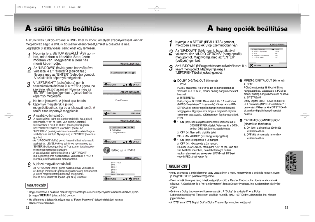 Samsung DVD-M205/XEH manual SzŸlÎi tilt‡s be‡ll’t‡sa Hang opci-k be‡ll’t‡sa, Jelsz- megv‡ltoztat‡s‡r-l 