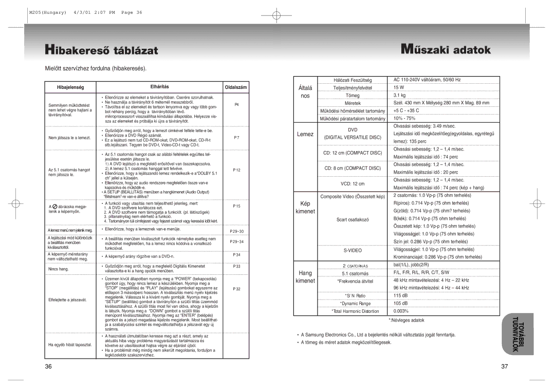 Samsung DVD-M205/XEH manual HibakeresÎ t‡bl‡zat Mõszaki adatok 