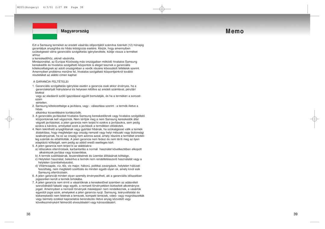 Samsung DVD-M205/XEH manual Memo 