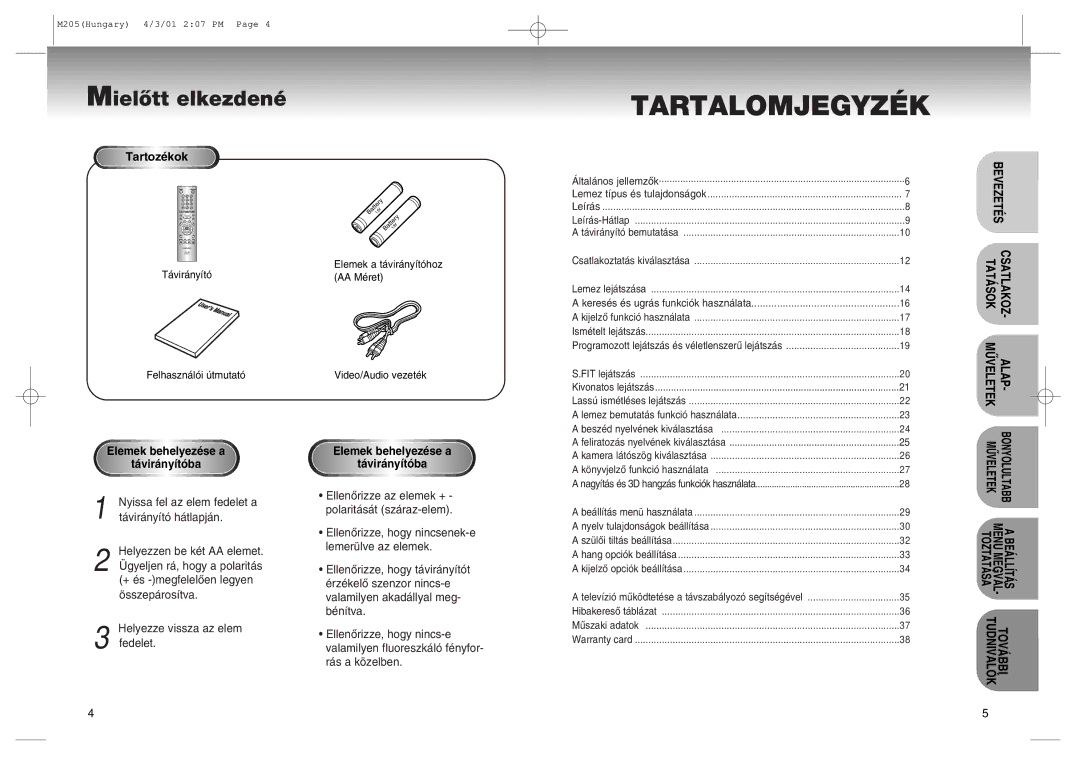 Samsung DVD-M205/XEH manual MielÎtt elkezdenŽ, TartozŽkok 