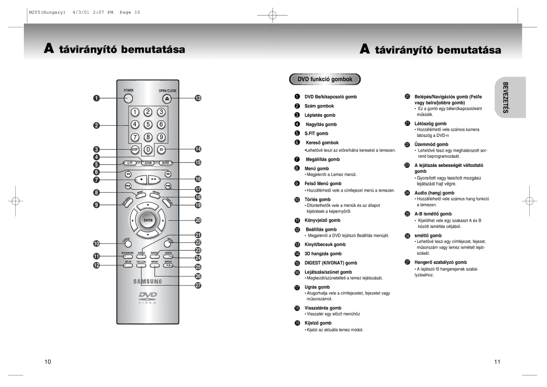 Samsung DVD-M205/XEH manual ‡vir‡ny’t- bemutat‡sa, DVD funkc i- gombok 