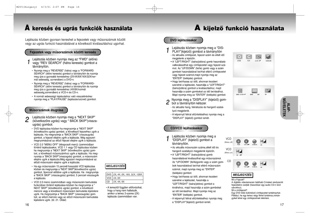 Samsung DVD-M205/XEH manual KijelzÎ funkci- haszn‡lata 