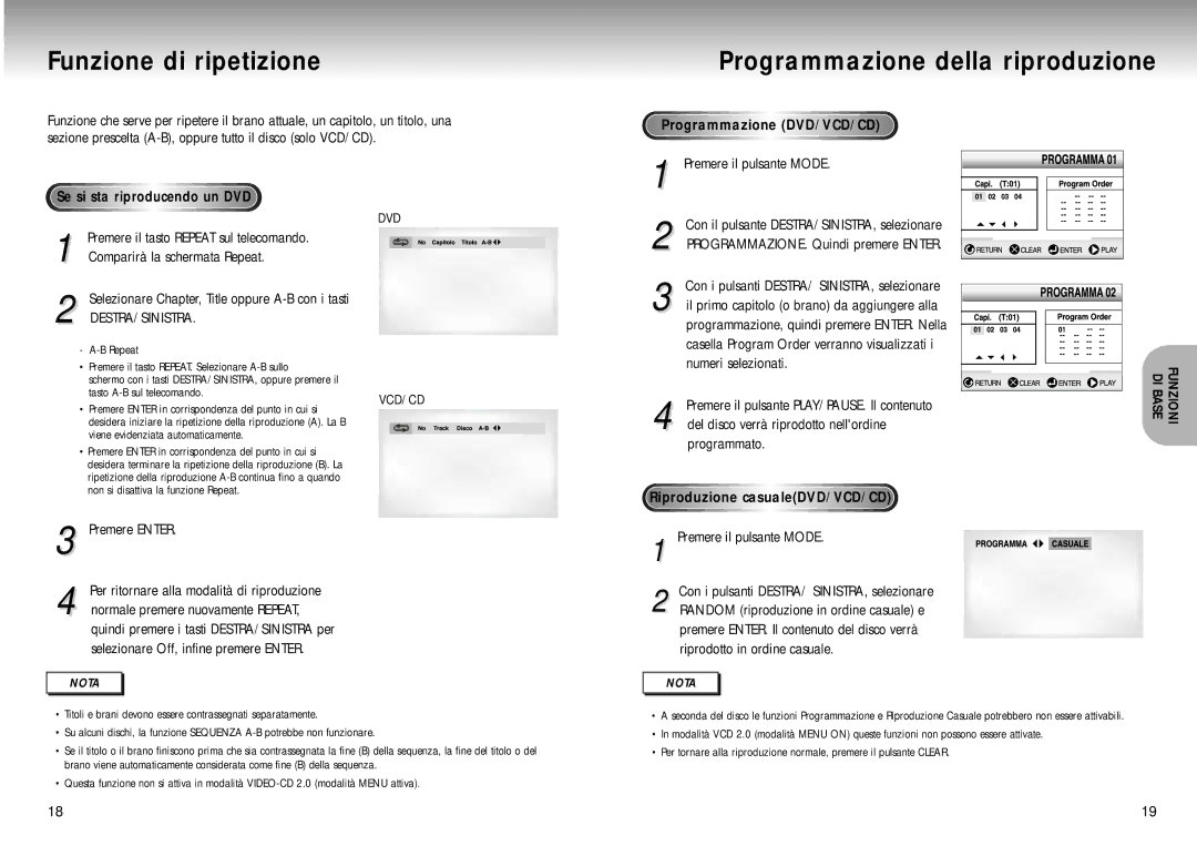 Samsung DVD-M205/XET Funzione di ripetizione Programmazione della riproduzione, Destra/Sinistra, Programmazione DVD/VCD/CD 