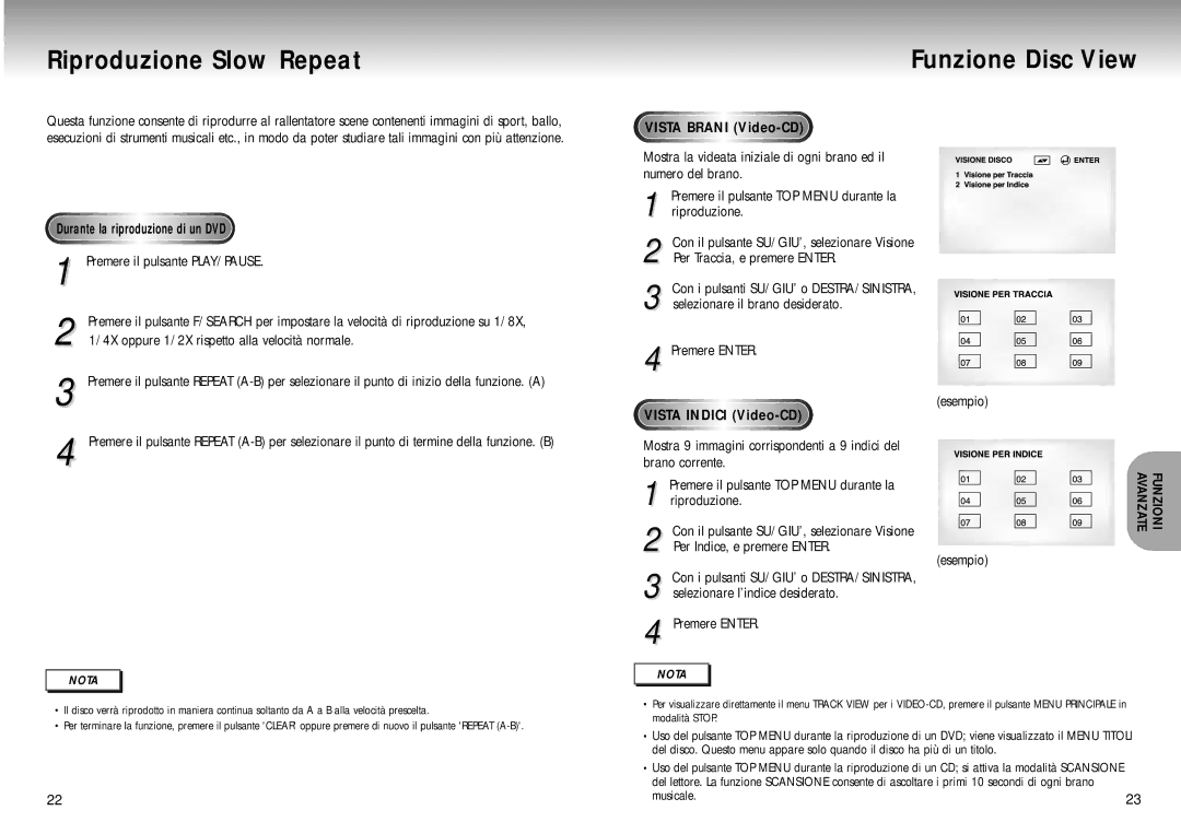 Samsung DVD-M205/XET manual Riproduzione Slow Repeat, Funzione Disc View, Vista Brani Video-CD 
