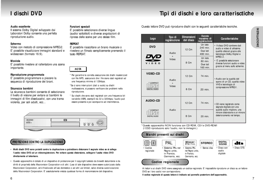 Samsung DVD-M205/XET manual Dischi DVD Tipi di dischi e loro caratterisctiche, Sicurezza bambini, Funzioni speciali, Repeat 