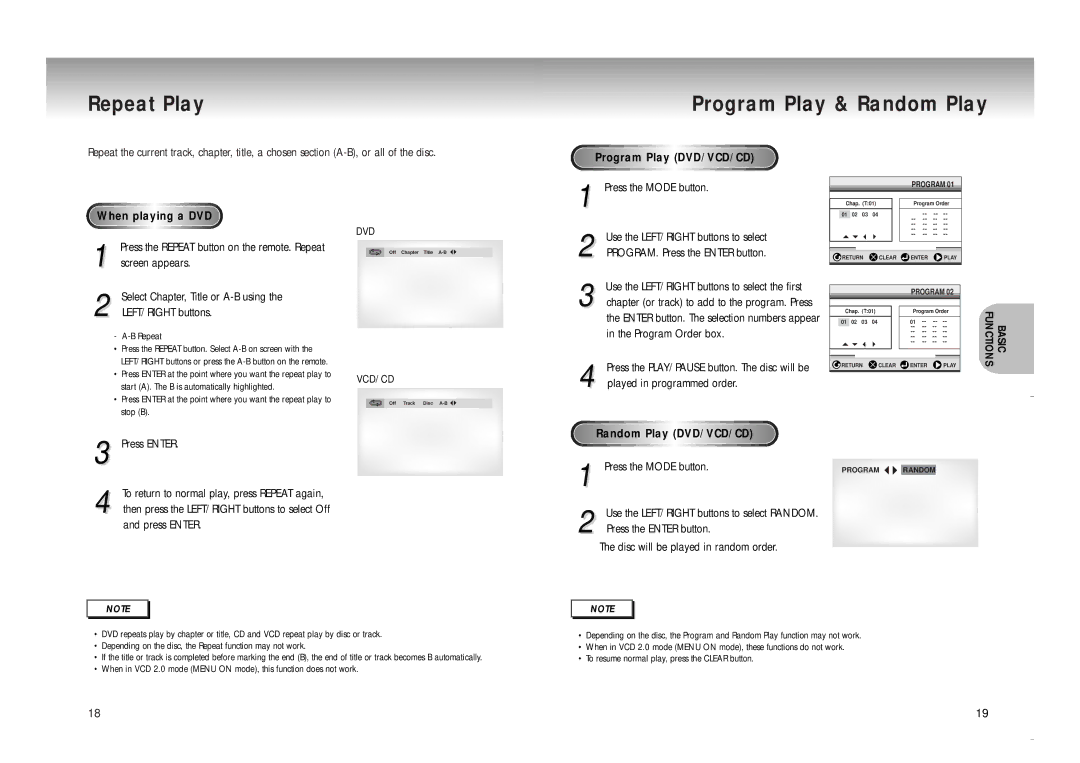 Samsung DVD-M208K manual Repeat Play, Program Play & Random Play, Program Play DVD/VCD/CD When playing a DVD, Andom 