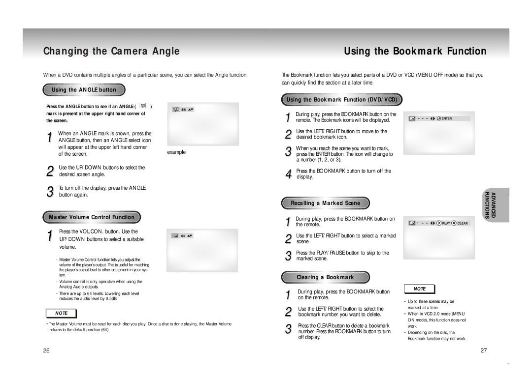 Samsung DVD-M208K manual Changing the Camera Angle, Using the Bookmark Function 