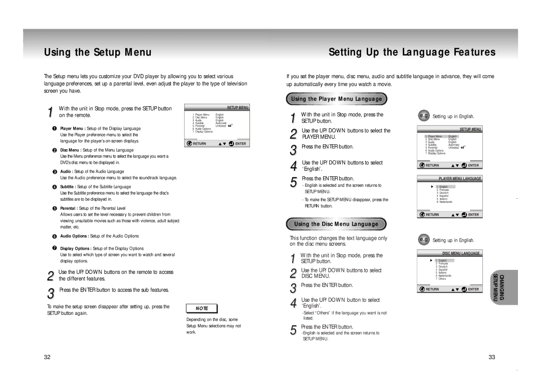 Samsung DVD-M208K manual Using the Setup Menu, Setting Up the Language Features, Using the Player Menu Language 