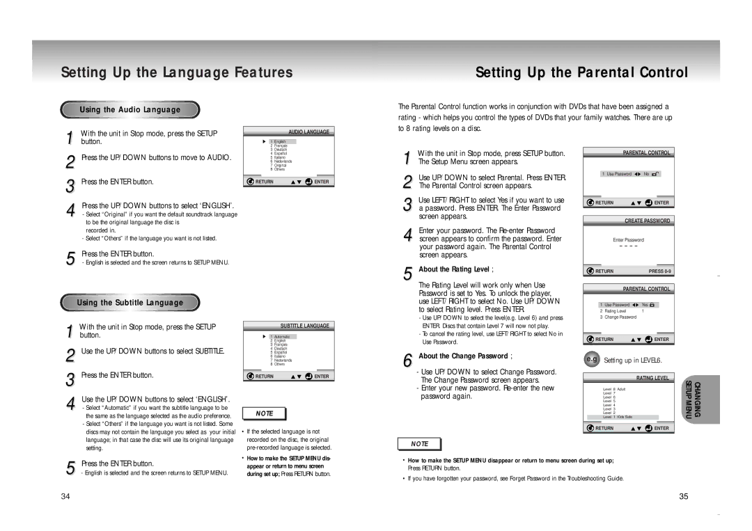 Samsung DVD-M208K manual Using the Audio Language, Using the Subtitle Language, Screen appears About the Rating Level 