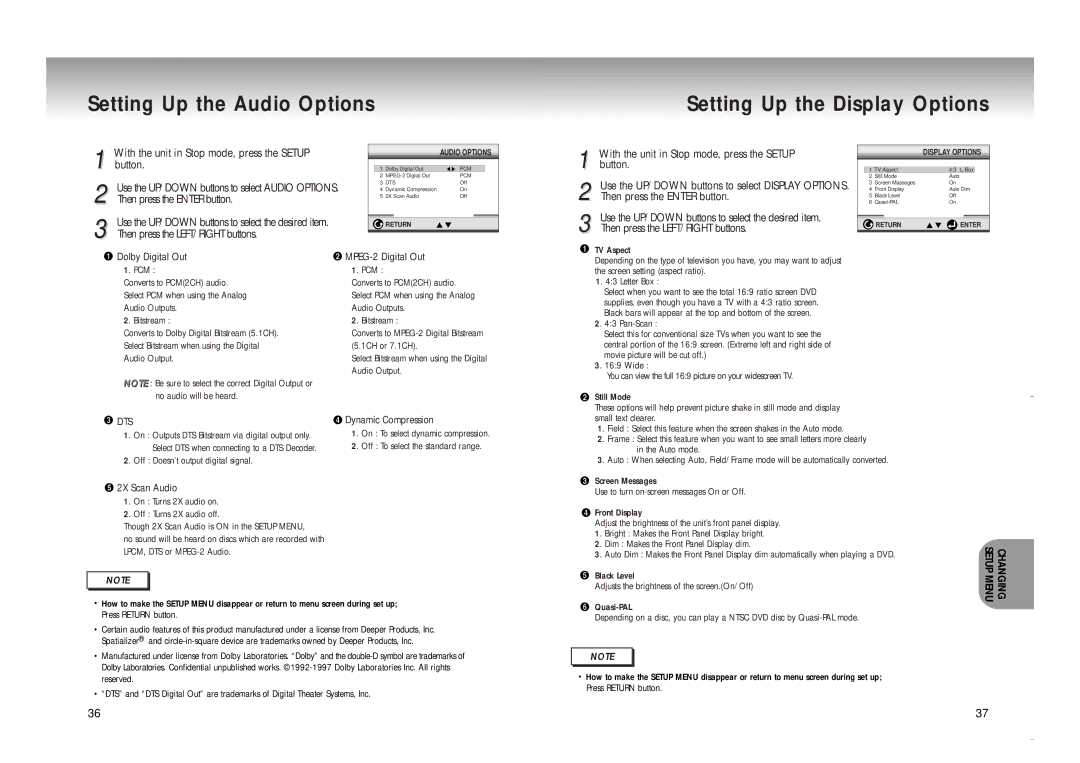 Samsung DVD-M208K manual Setting Up the Audio Options Setting Up the Display Options, Dolby Digital Out MPEG-2 Digital Out 