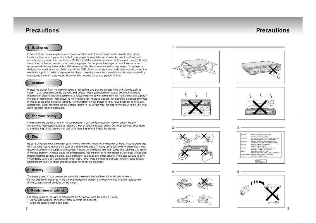 Samsung DVD-M208K manual Precautions, Setting up, For your safety, Disc, Battery 