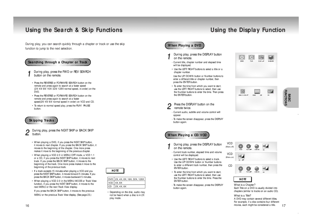 Samsung DVD-M208K manual Searching through a Chapter or Track, When Playing a DVD, Skipping Tracks, When Playing a CD/VCD 