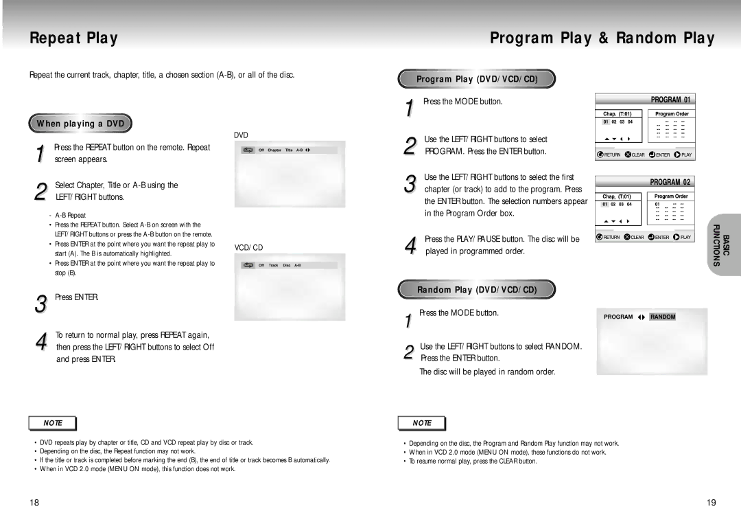 Samsung DVD-M301 manual Repeat Play, Program Play & Random Play, Program Play DVD/VCD/CD, Press the Mode button, Andom 