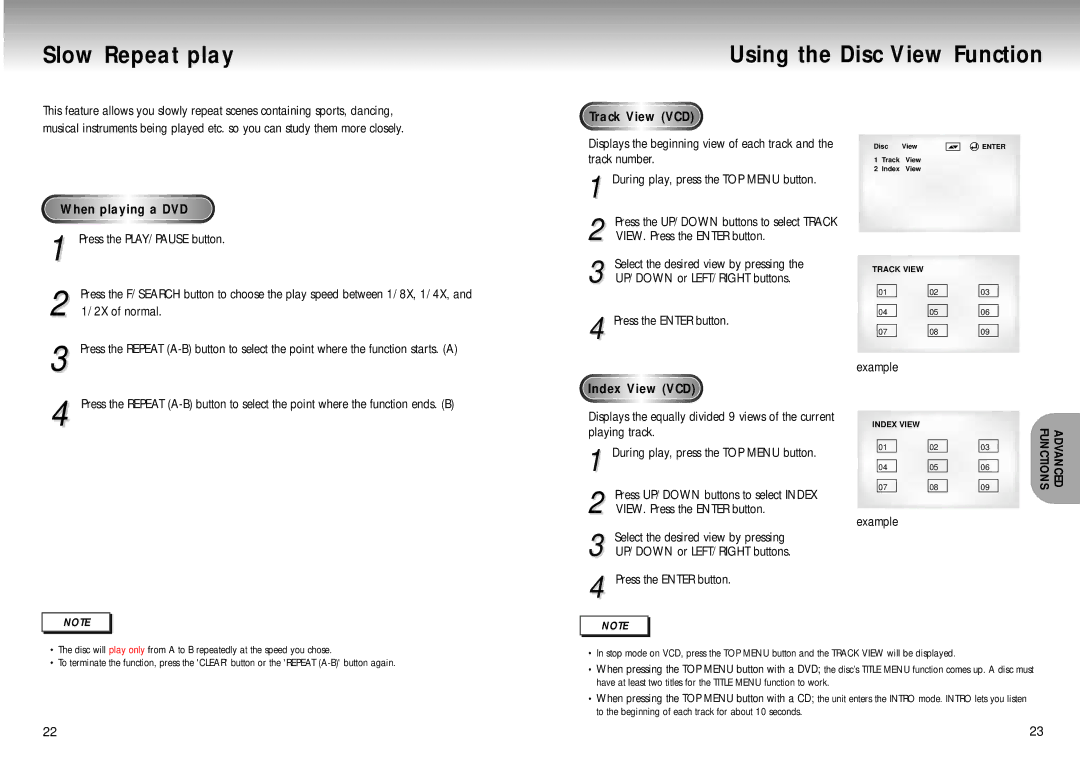 Samsung DVD-M301 manual Slow Repeat play Using the Disc View Function, Track View VCD, Index View VCD 