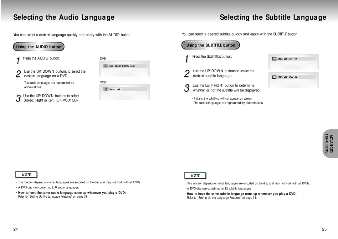 Samsung DVD-M301 manual Selecting the Audio Language, Selecting the Subtitle Language, Using the Subtitle button 