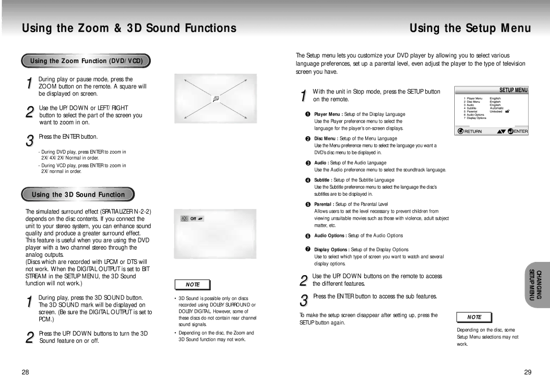 Samsung DVD-M301 manual Using the Zoom & 3D Sound Functions, Using the Setup Menu, Using the Zoom Function DVD/VCD 