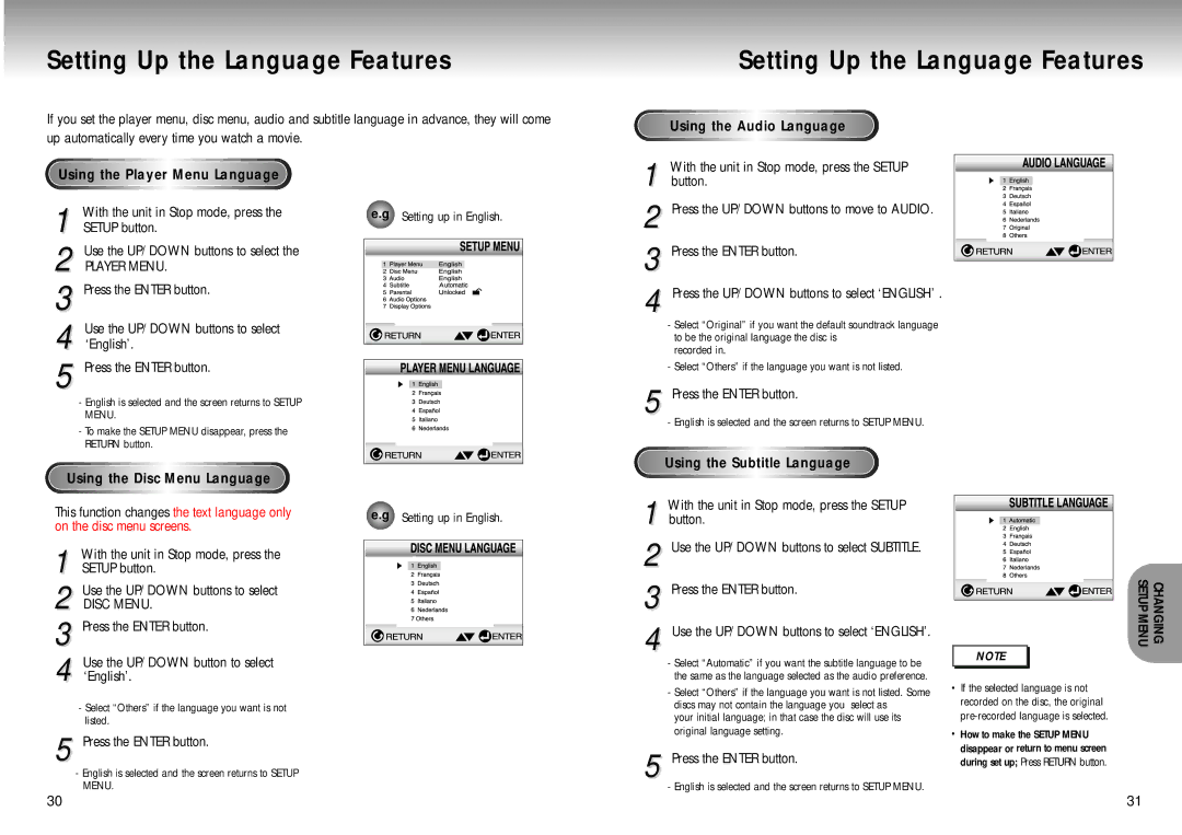 Samsung DVD-M301 manual Setting Up the Language Features 