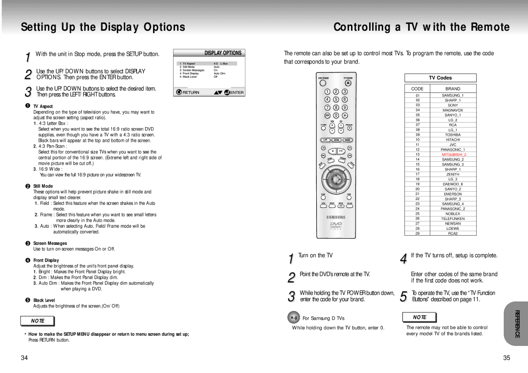 Samsung DVD-M301 manual Setting Up the Display Options, Controlling a TV with the Remote, If the first code does not work 