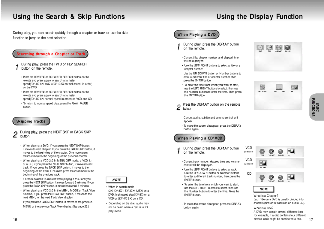 Samsung DVD-M301 manual Using the Search & Skip Functions, Using the Display Function 