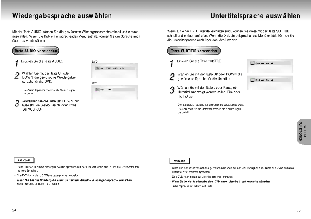 Samsung DVD-M305/XEG manual Wiedergabesprache auswählen Untertitelsprache auswählen 