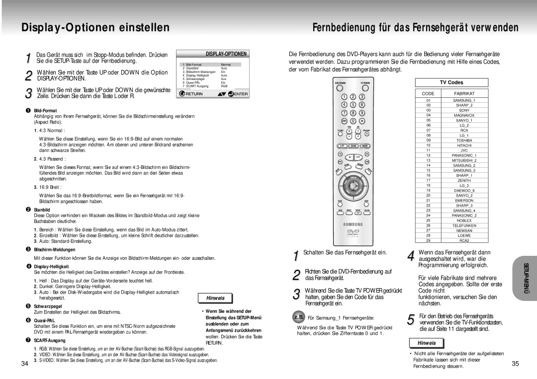 Samsung DVD-M305/XEG manual Display-Optionen einstellen, Menü, Schalten Sie das Fernsehgerät ein 