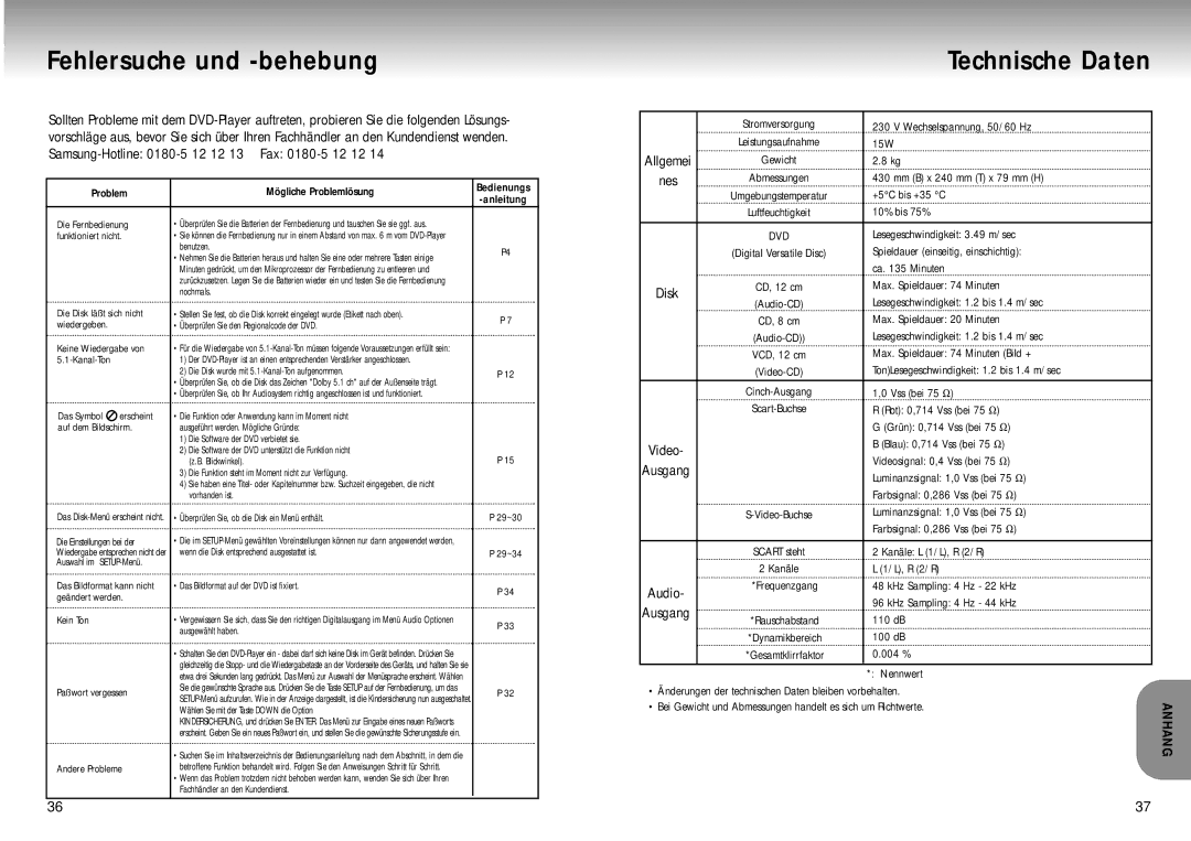 Samsung DVD-M305/XEG manual Fehlersuche und -behebung, Technische Daten, Audio 