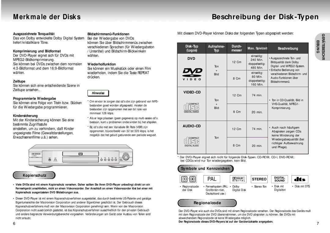 Samsung DVD-M305/XEG manual Merkmale der Disks, Dvd, Audio-Cd, Video-Cd, Symbole und Kennzeichen Kopierschutz 