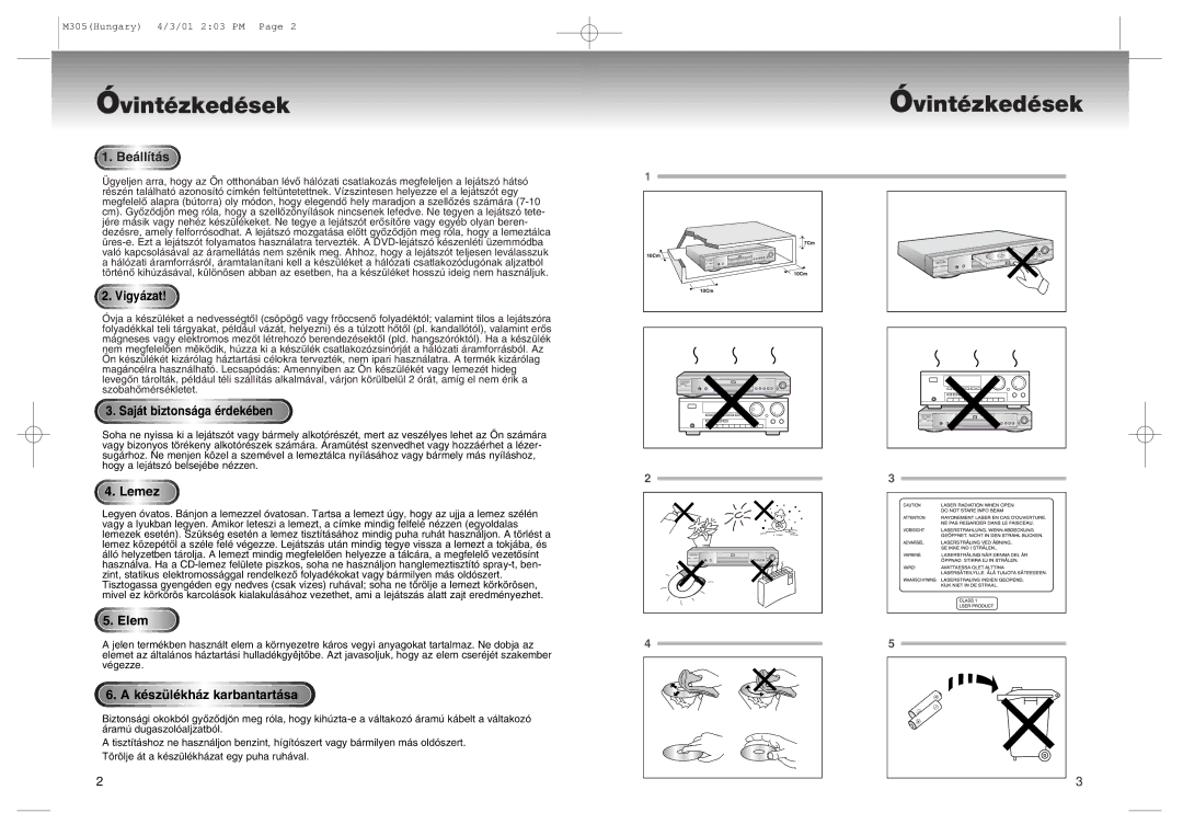 Samsung DVD-M305/XEH manual ÎvintŽzkedŽsek, Be‡ll’t‡s, Lemez, Ele m, KŽszŸlŽkh‡z karbantart‡sa 