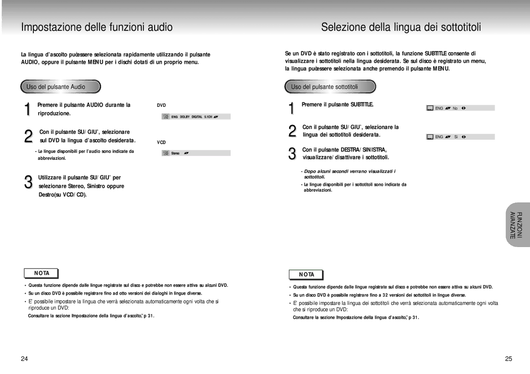 Samsung DVD-M305/XET manual Uso del pulsante Audio Uso del pulsante sottotitoli, Funzioni Avanzate 