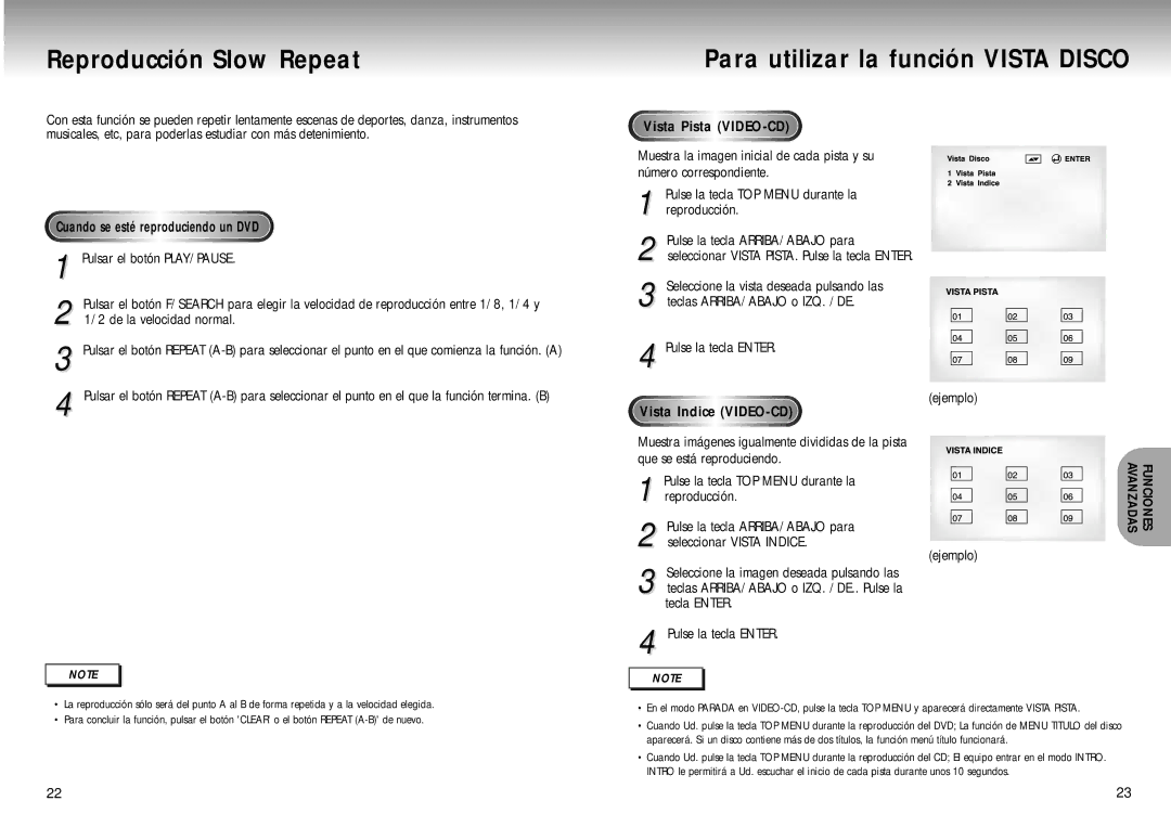 Samsung DVD-M405/XEC manual Reproducción Slow Repeat, Para utilizar la función Vista Disco, Vista Pista VIDEO-CD 