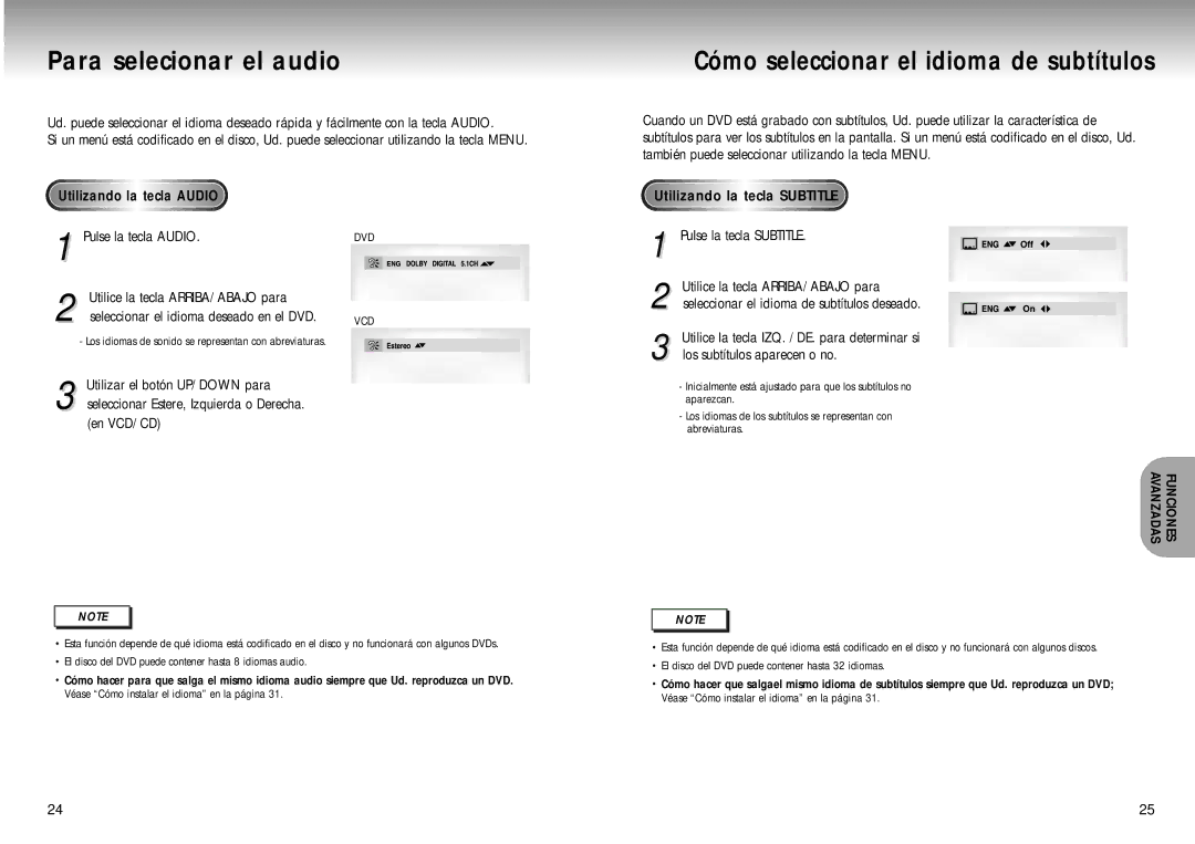 Samsung DVD-M405/XEC Para selecionar el audio, Utilizando la tecla Subtitle, Pulse la tecla Audio, Pulse la tecla Subtitle 