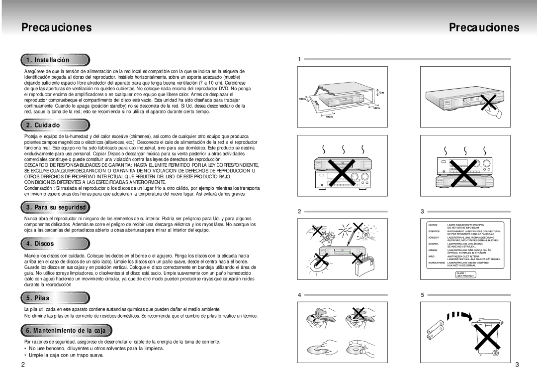 Samsung DVD-M405/XEC manual Precauciones, Installación, Cuidado, Discos, Pilas 