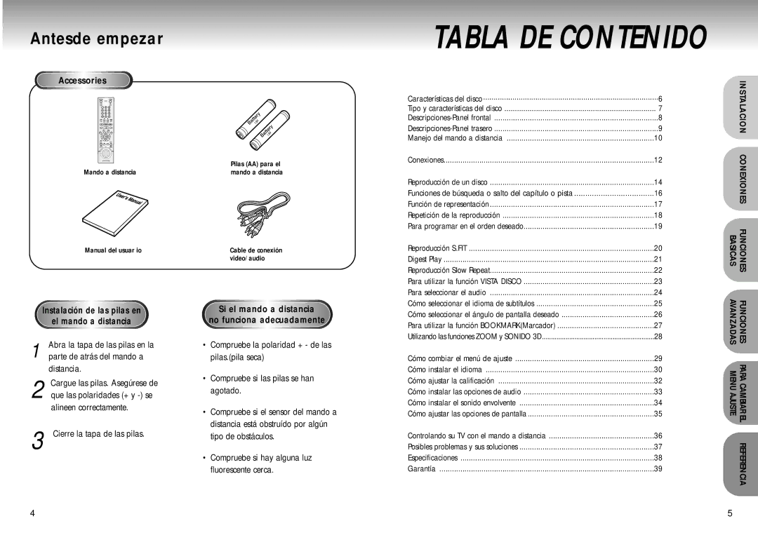 Samsung DVD-M405/XEC manual Antesde empezar, Accessories, Parte de atrás del mando a 