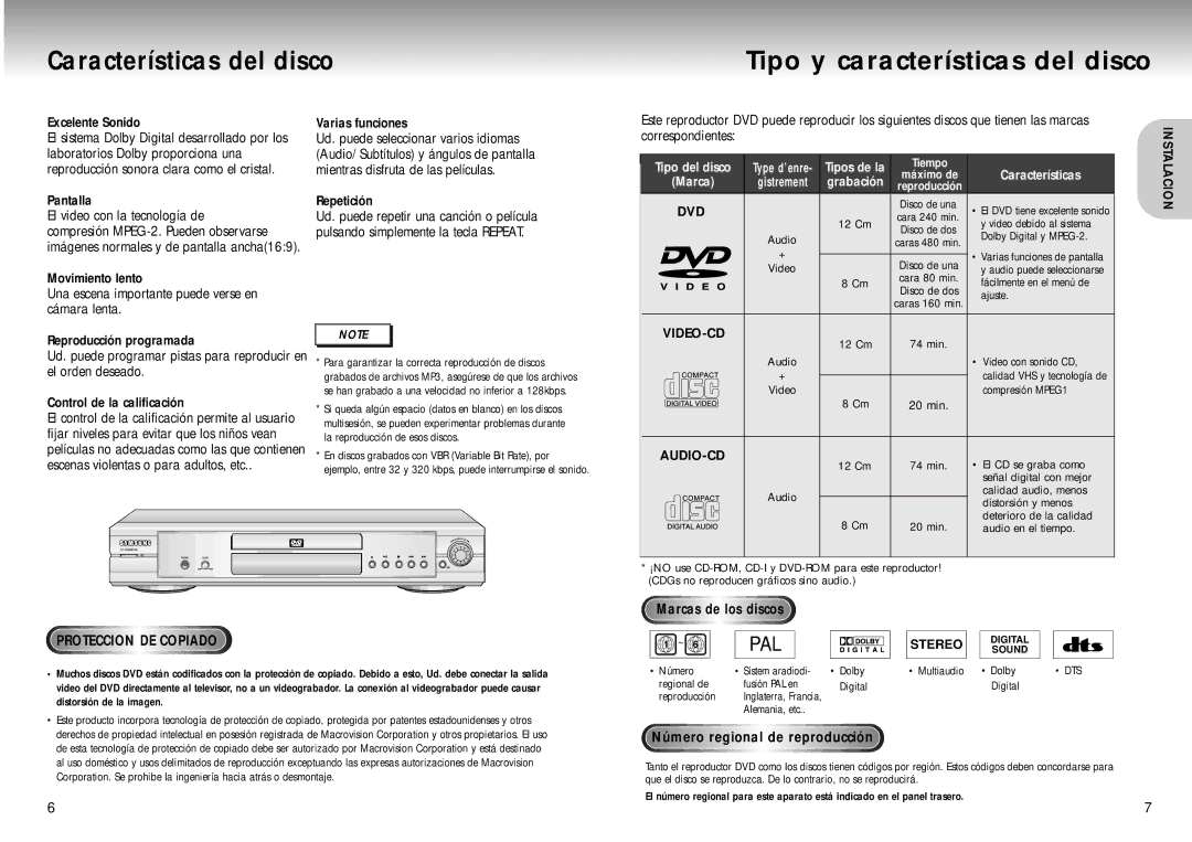 Samsung DVD-M405/XEC manual Características del disco, Compresión MPEG-2. Pueden observarse, Correspondientes 