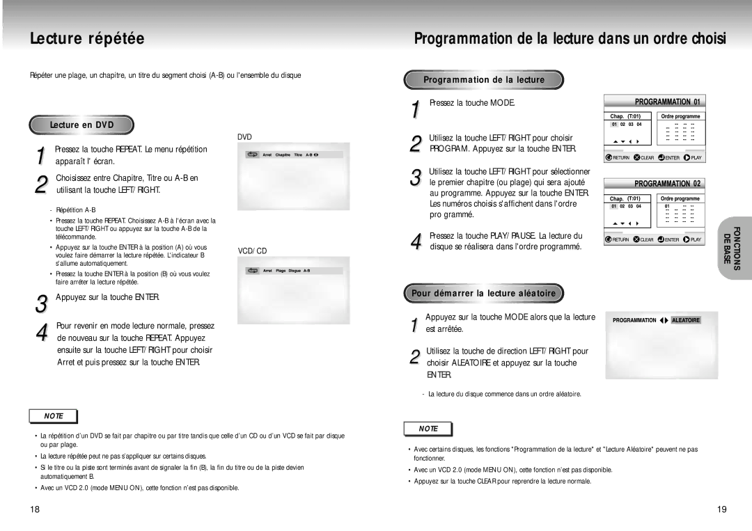 Samsung DVD-M405/XEF Lecture répétée, Lecture en DVD, Programmation de la lecture, Pour démarrer la lecture aléatoire 