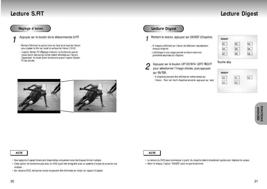 Samsung DVD-M405/XEF manual Lecture S.FIT, Lecture Digest, Réglage d’écran 