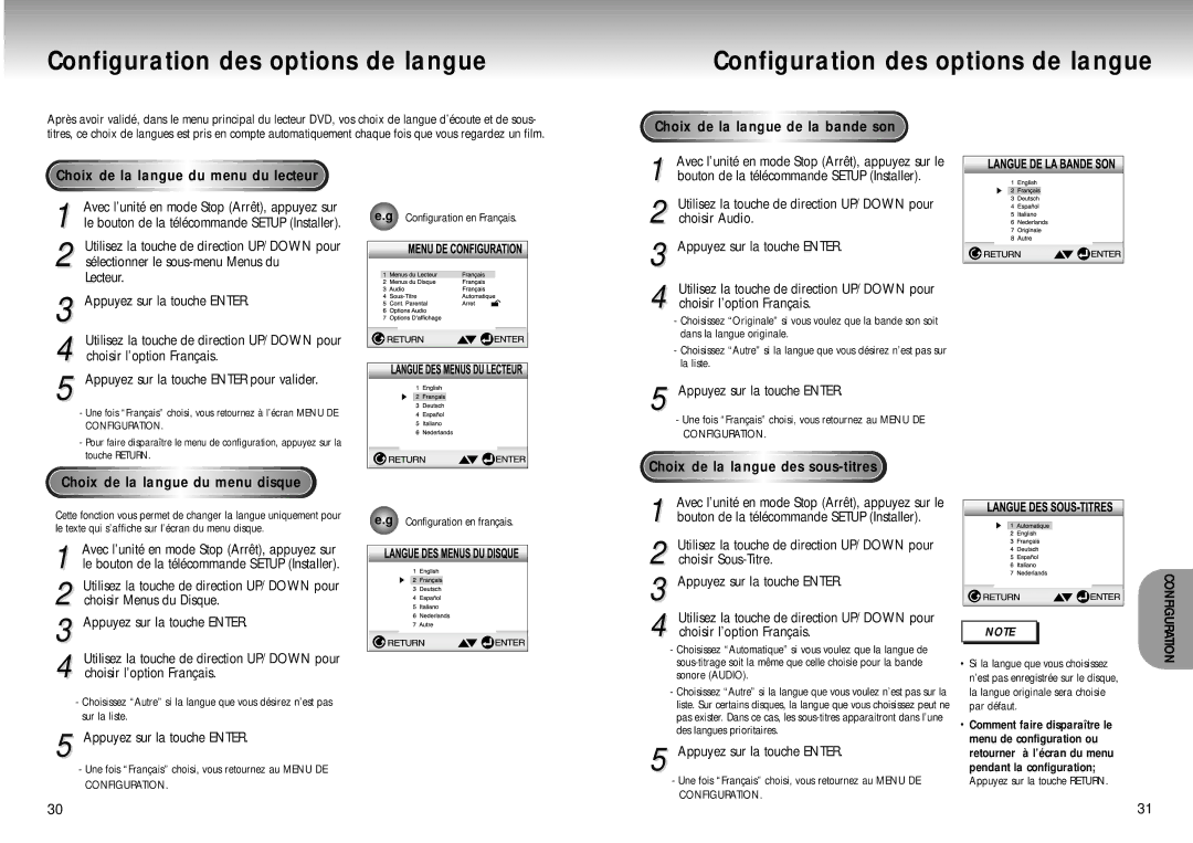 Samsung DVD-M405/XEF manual Configuration des options de langue, Choix de la langue du menu du lecteur 